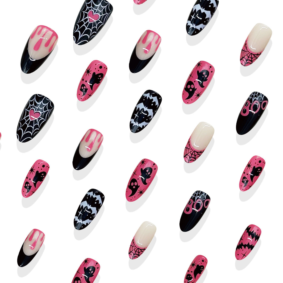 24pcs/Set Pink & Black Mismatched Ghost Bat Spider Web Press On Nails
