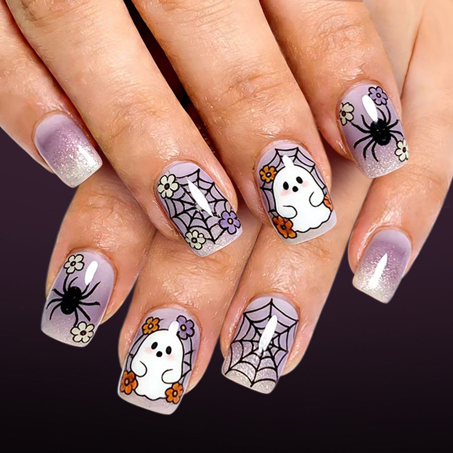 24pcs/Set Purple Ombre Spider Web Floral Press-On Nails