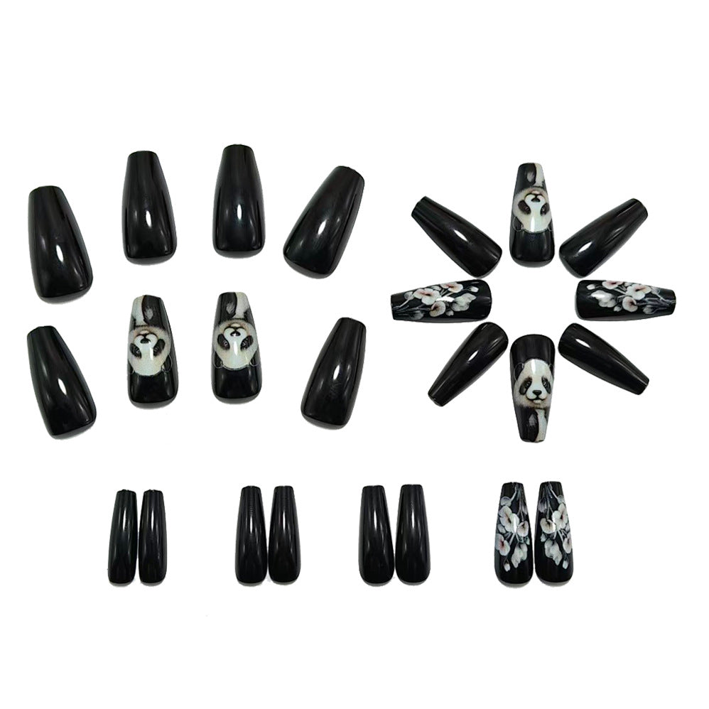 24pcs/Set Black Panda & Floral Press-On Nails