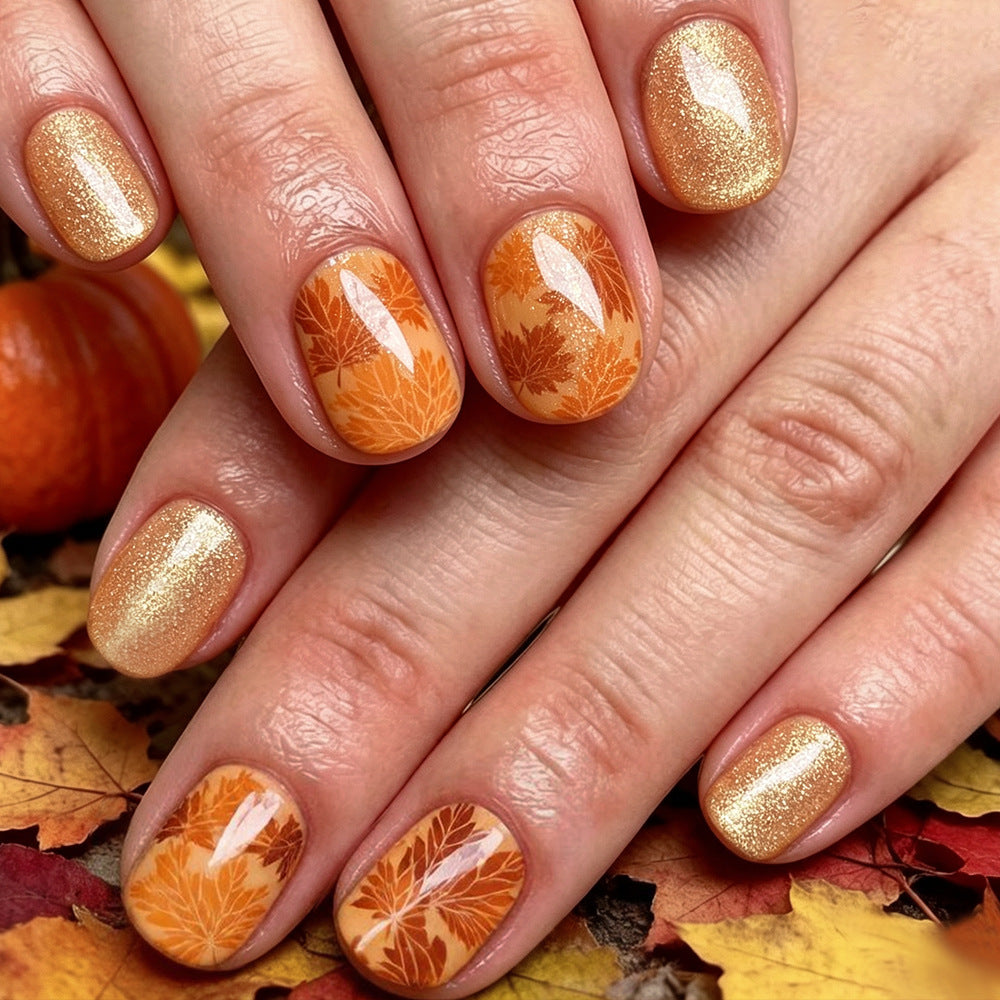 24pcs/Set Gold Glitter Maple Leaves Press On Nails