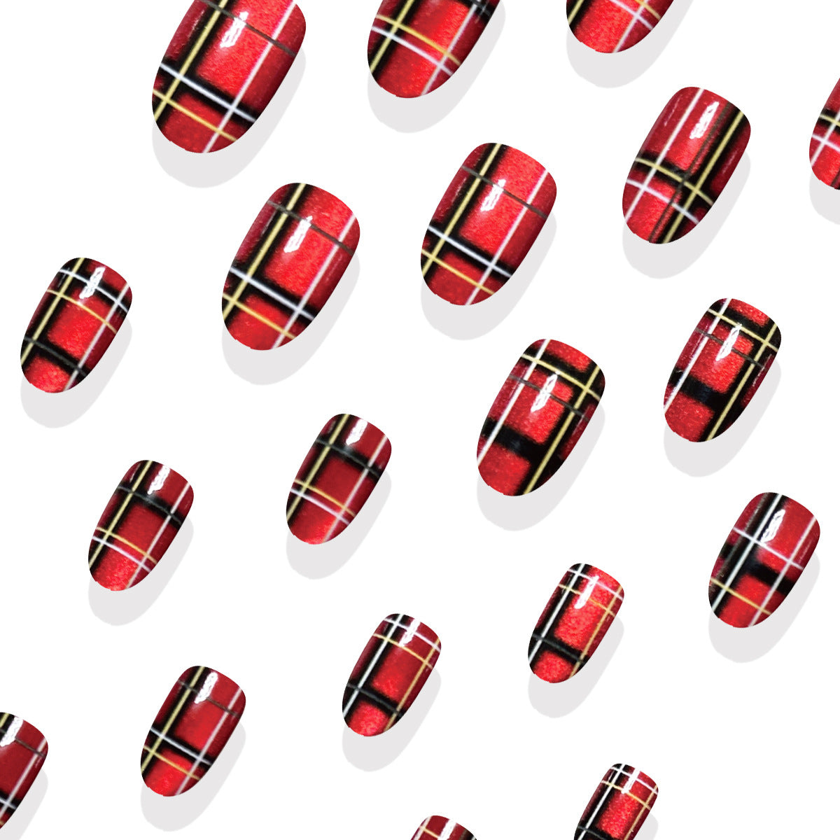 24pcs/Set Red & Gold Plaid Cat Eye Press On Nails