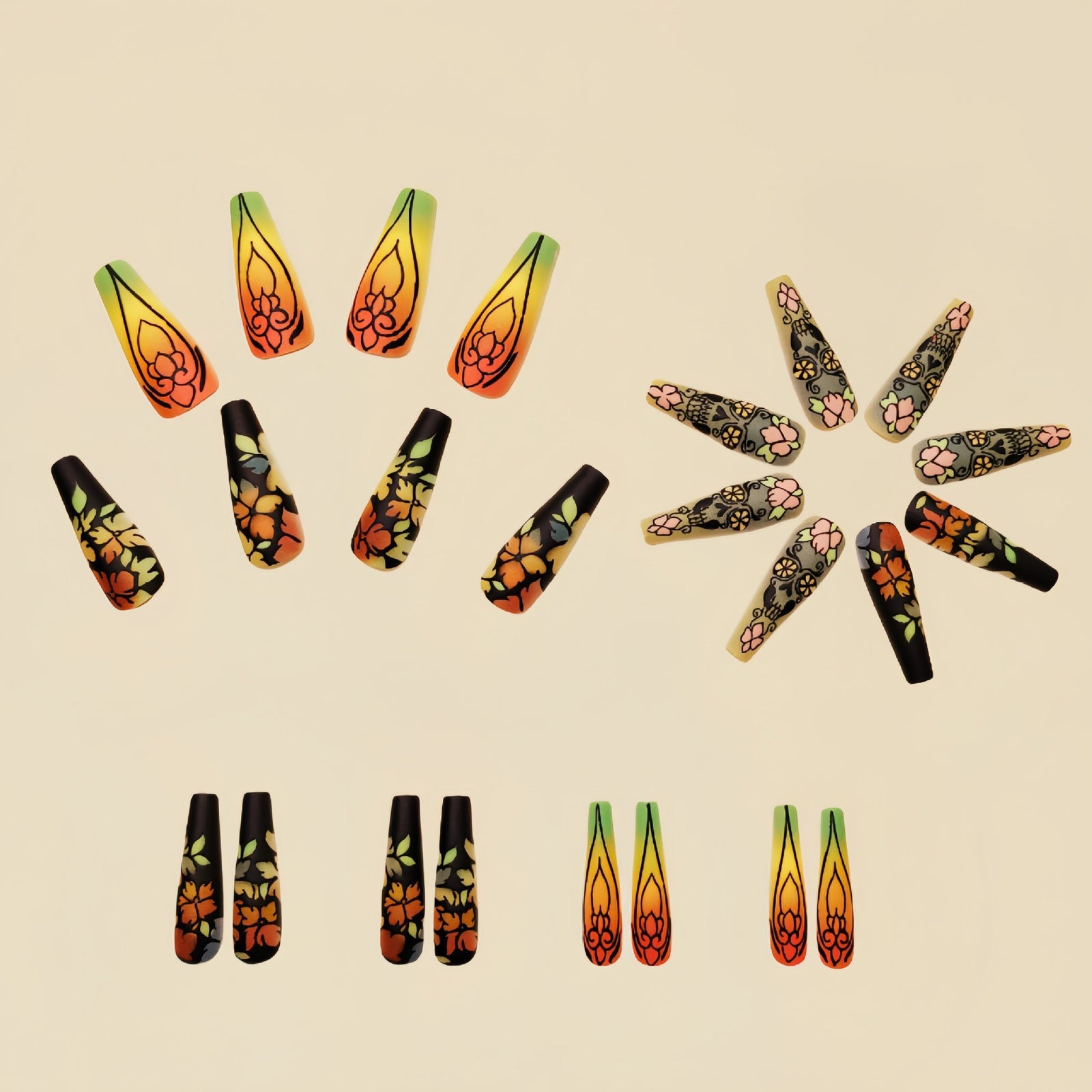 24pcs/Set Matte Floral Skull Press On Nails