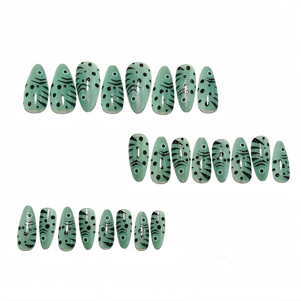 24pcs/Set Silver Green Cat Eye Fish Press On Nails