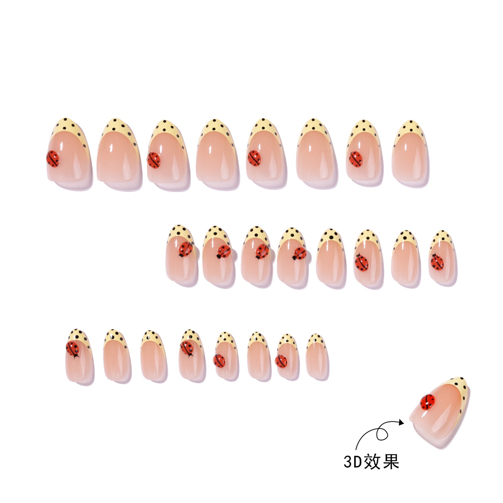 24pcs/Set French Tip 3D Ladybug Press-On Nails