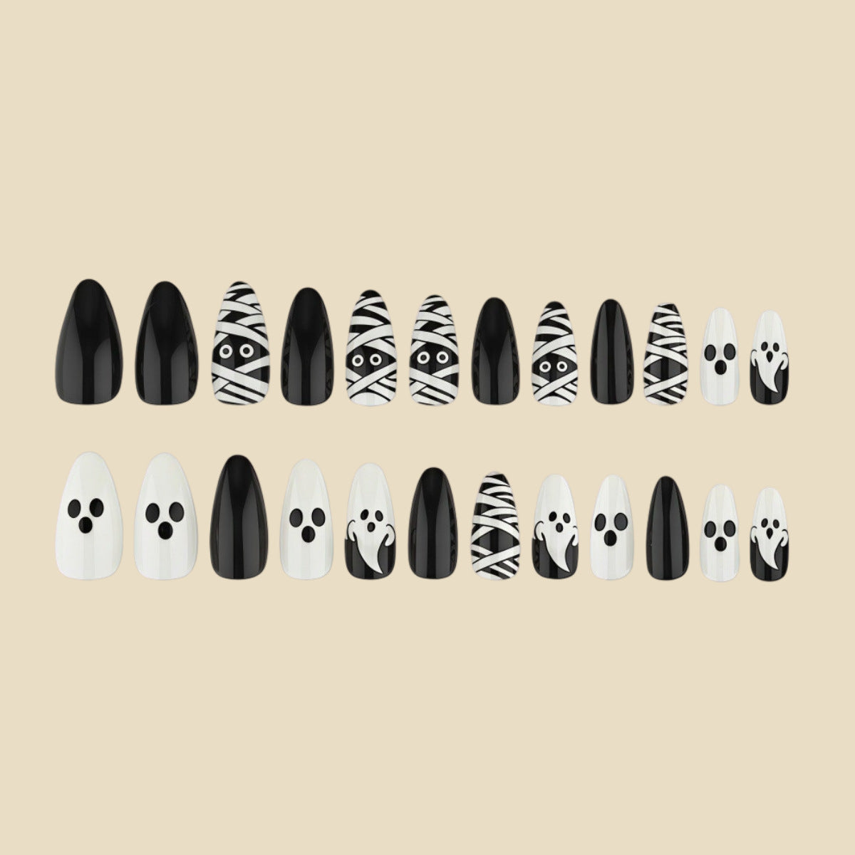 24pcs/Set Black & White Mummy Ghost Press On Nails