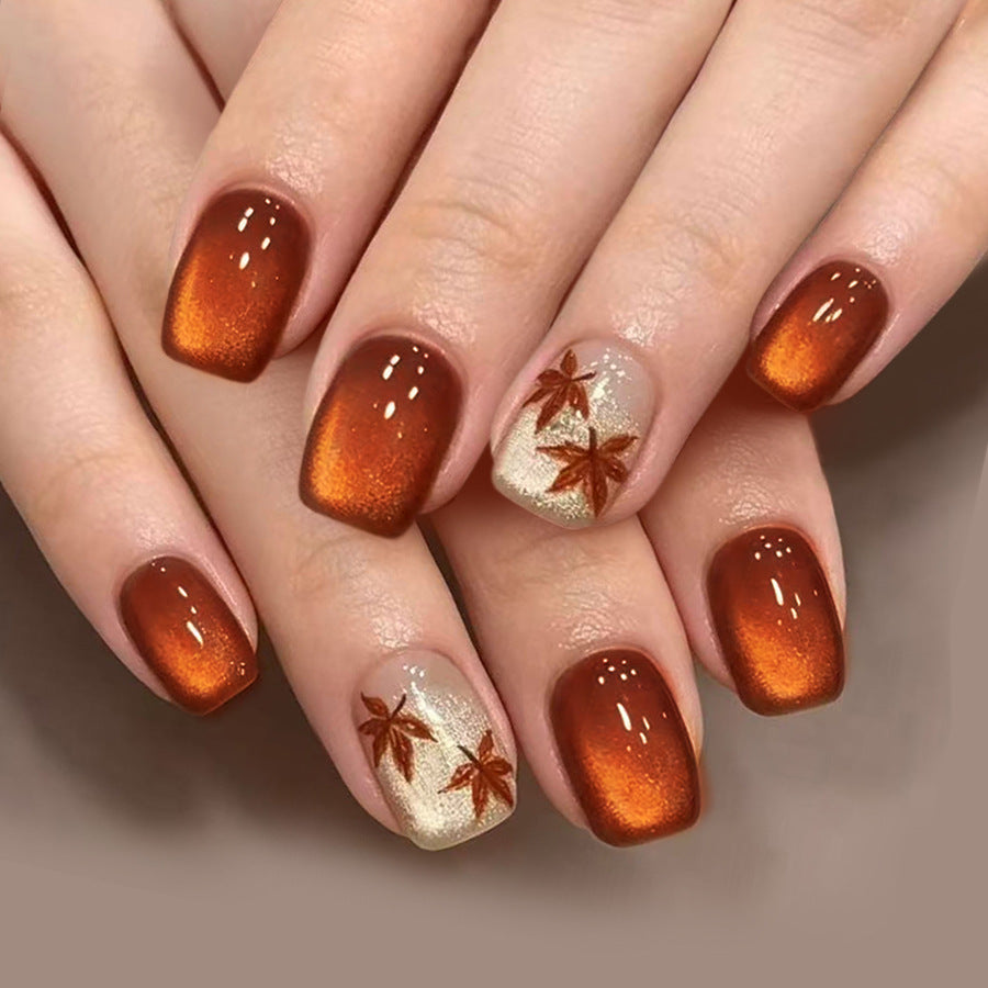 24pcs/Set Red Brown Cat Eye Maple Leaf Press On Nails