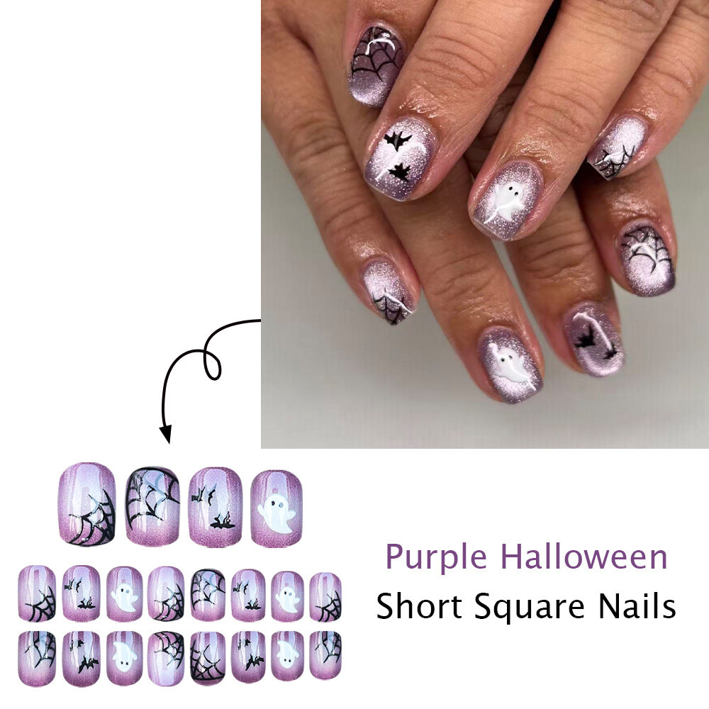 24pcs/Set Cat Eye Purple Spider Web & Bat Press On Toe Nails