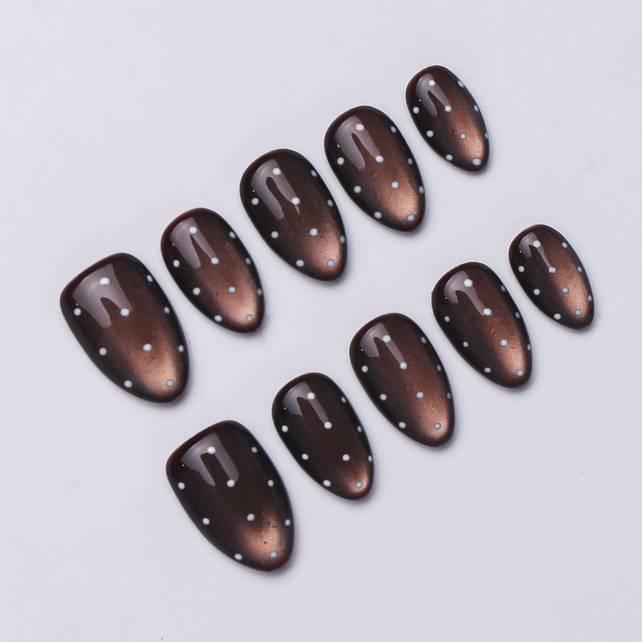 (Handmade) 10pcs/Set Brown Cat Eye Polka Dot Press-On Nails