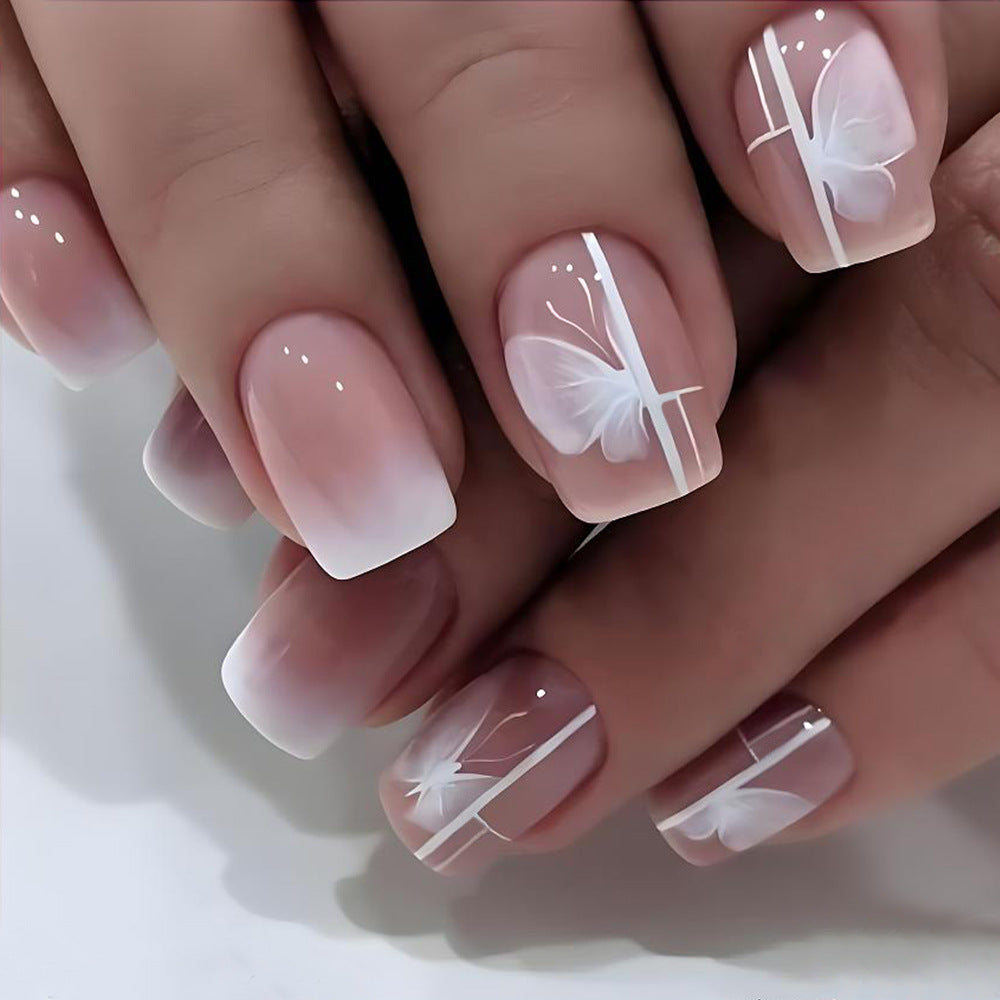 24pcs/Set Nude Pink Ombre with White Butterflies Press-On Nails