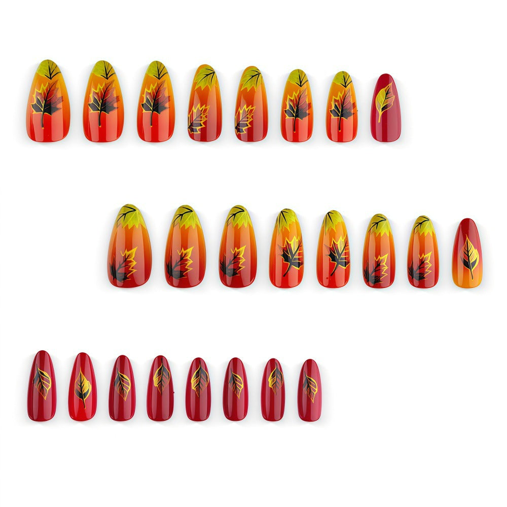 24pcs/Set Red-Orange Gradient Maple Leaves Press On Nails