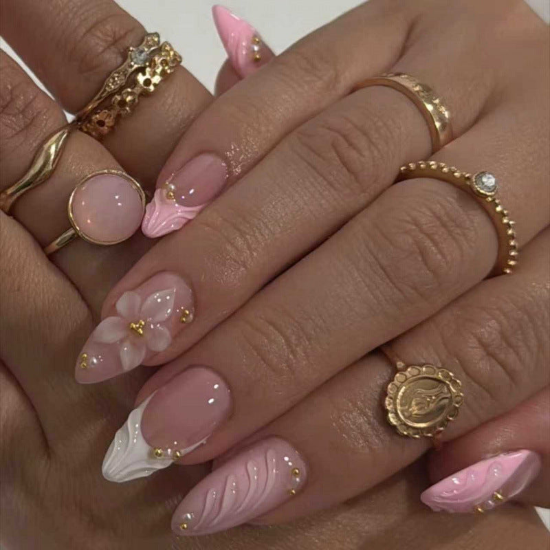 24pcs/Set French Tip 3D Floral Press-On Nails