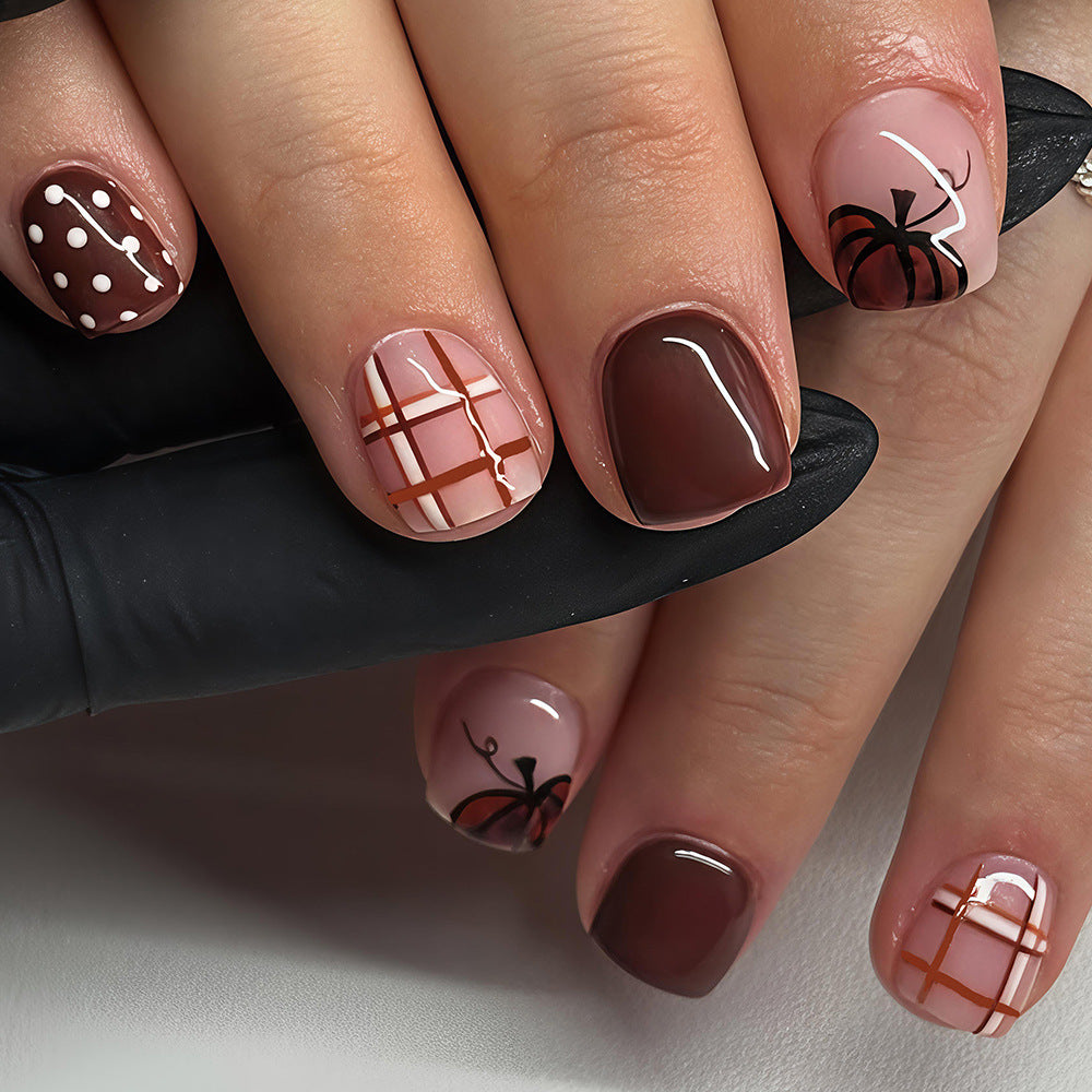 24pcs/Set Leopard Pumpkin Plaid & Polka Dots Press On Nails