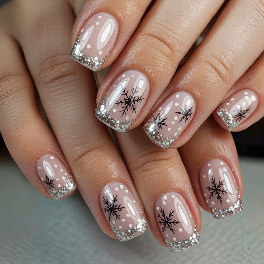 24pcs/Set Silver Glitter French Snowflakes Press On Nails