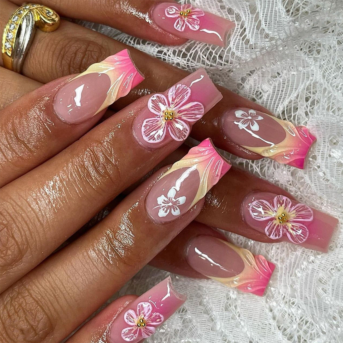 24pcs/Set 3D Floral French Press-On Nails