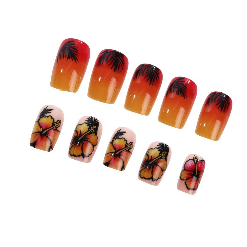 24pcs/Set Sunset Gradient Hibiscus Blossoms Press-On Nails