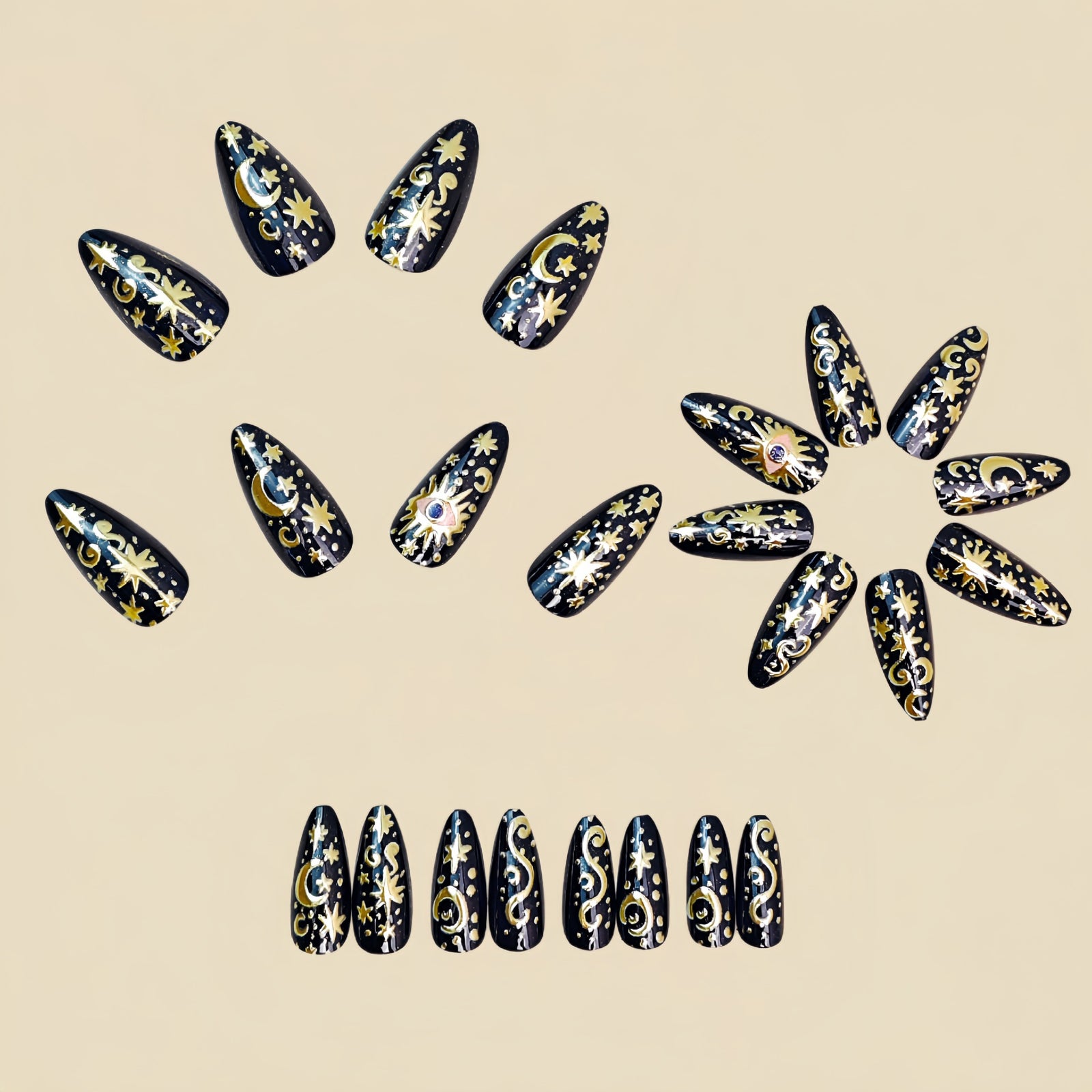24pcs/Set Black & Gold Cat Eye Marble Nails