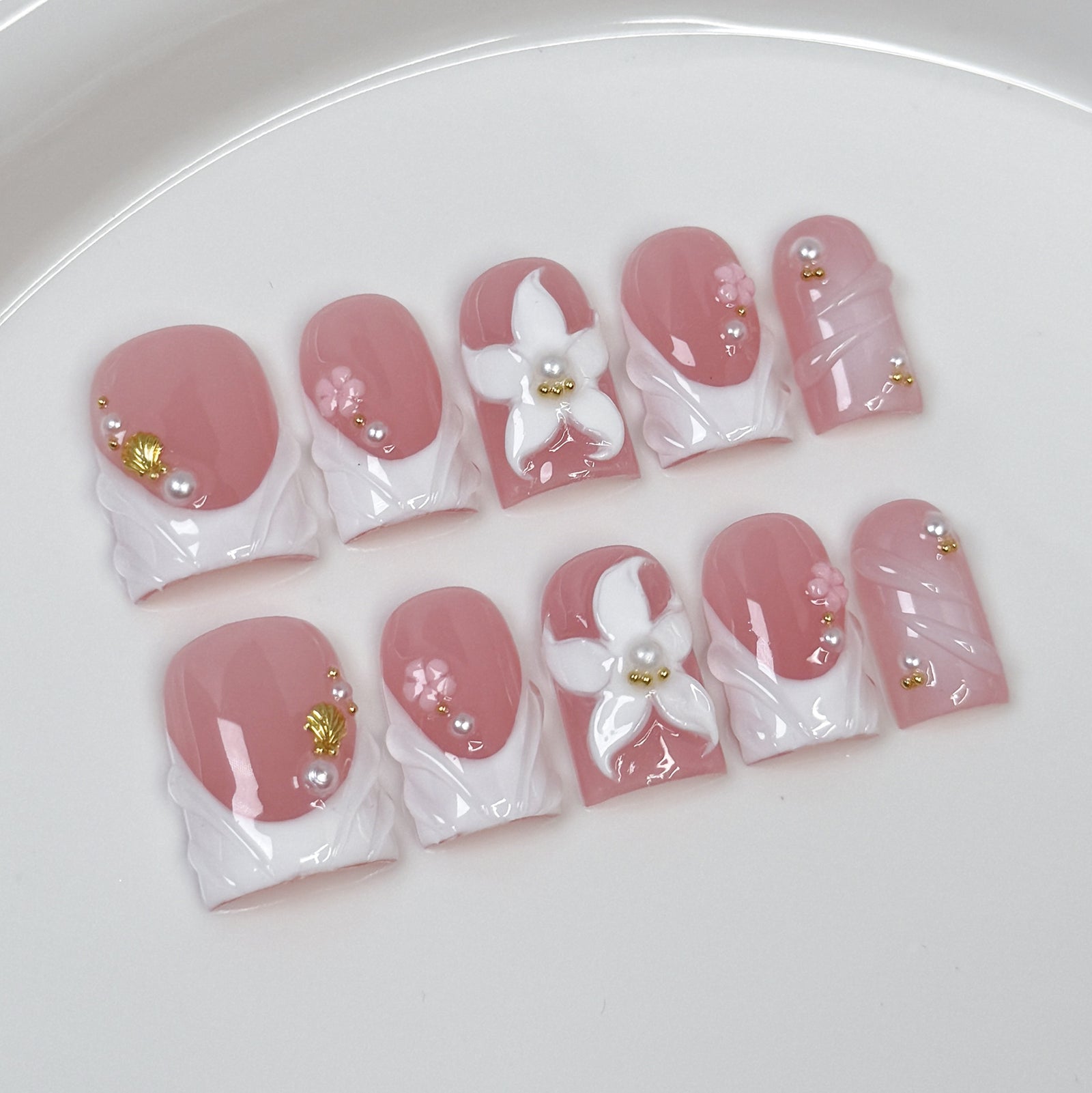 (Handmade) 10pcs/Set Pink 3D Sculpted Floral Press-On Nails