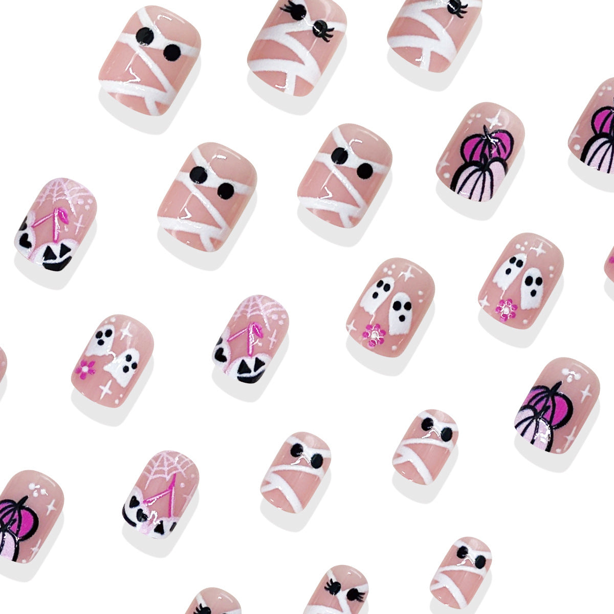 24pcs/Set Pink & White Ghost Pumpkin Press On Nails