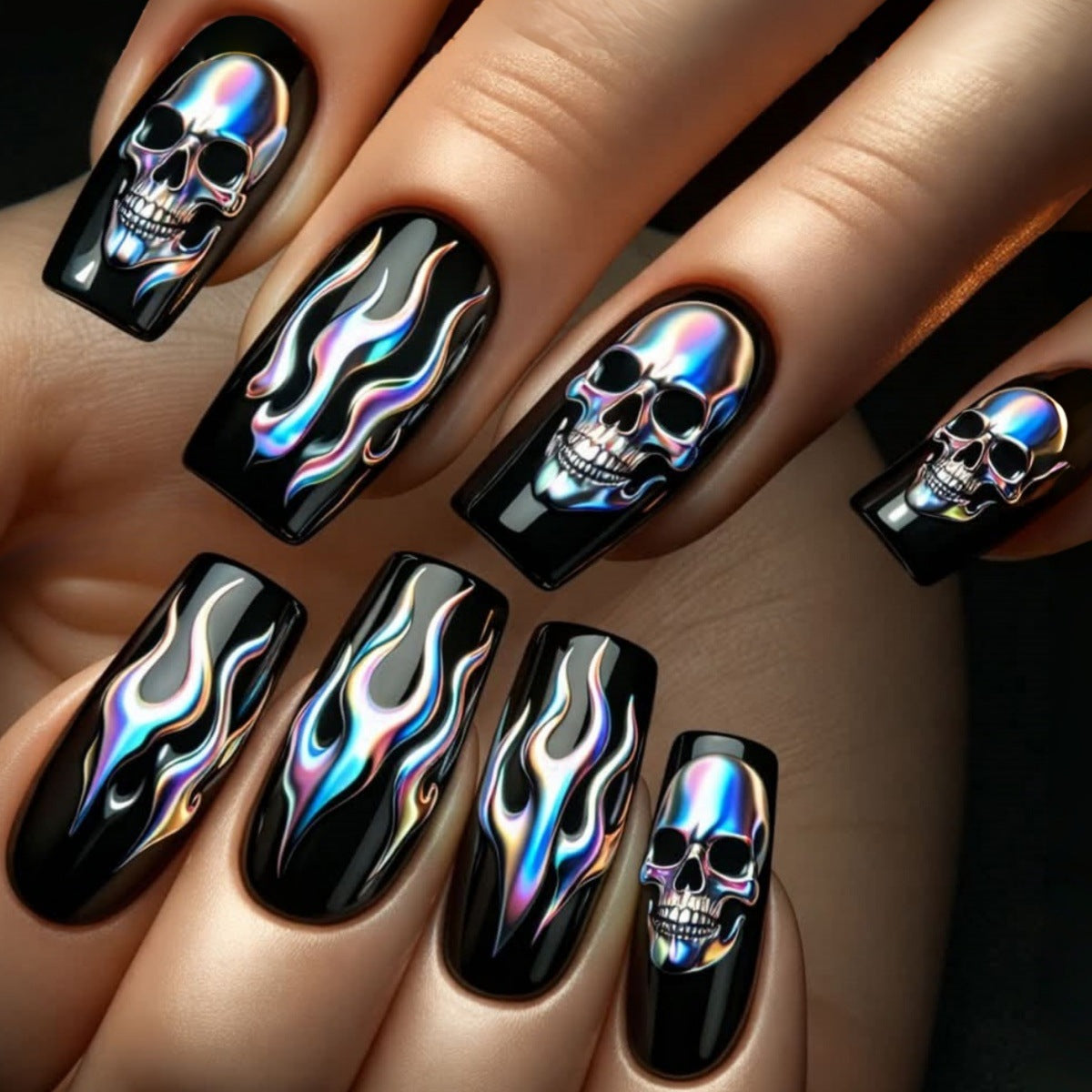 24pcs/Set Flaming Skull Press-On Nails