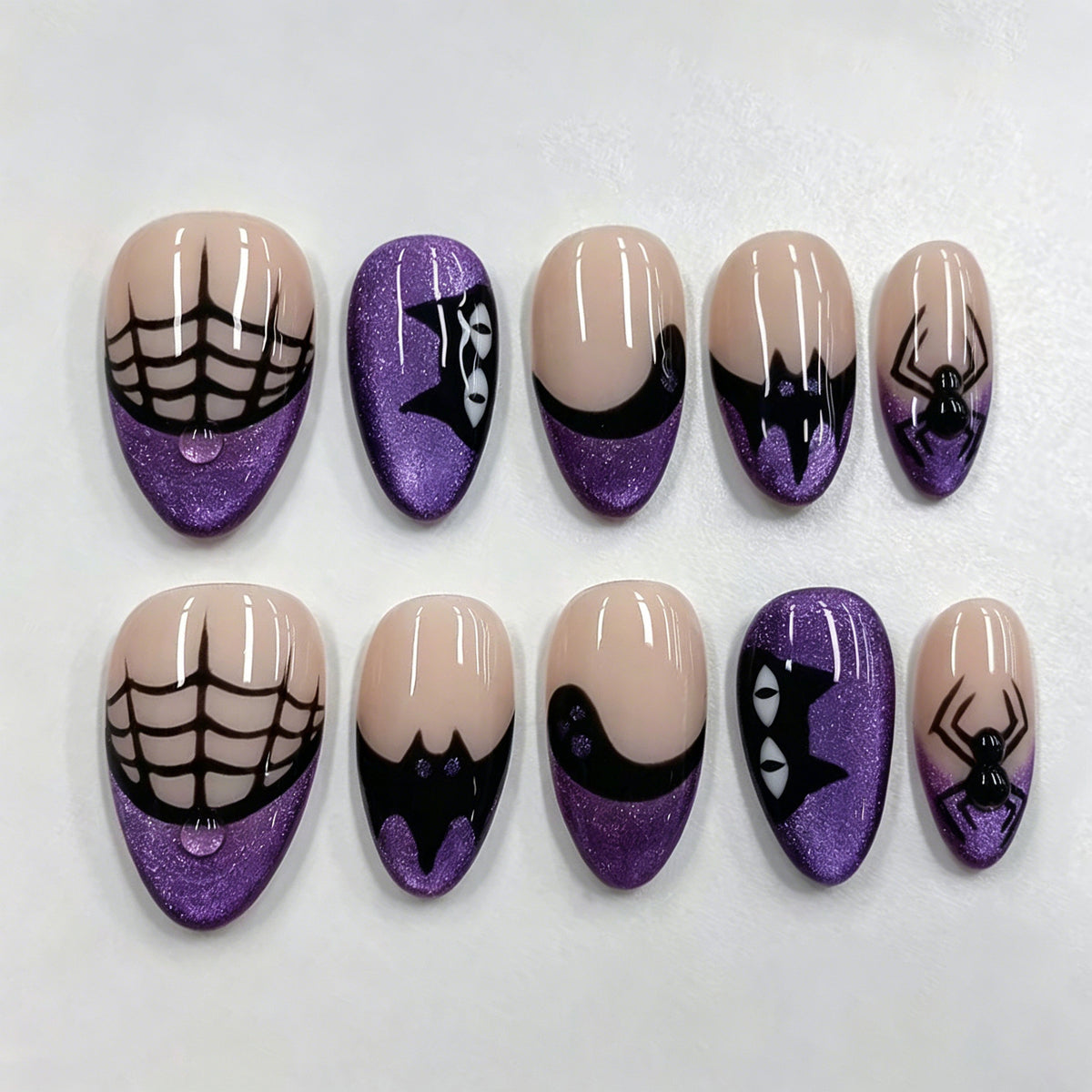 30pcs/Set Cat-Eye Spiderweb & Bat French Tips Press On Nails