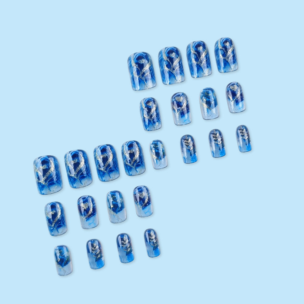24pcs/Set Glitter Heart Blue Press-On Nails