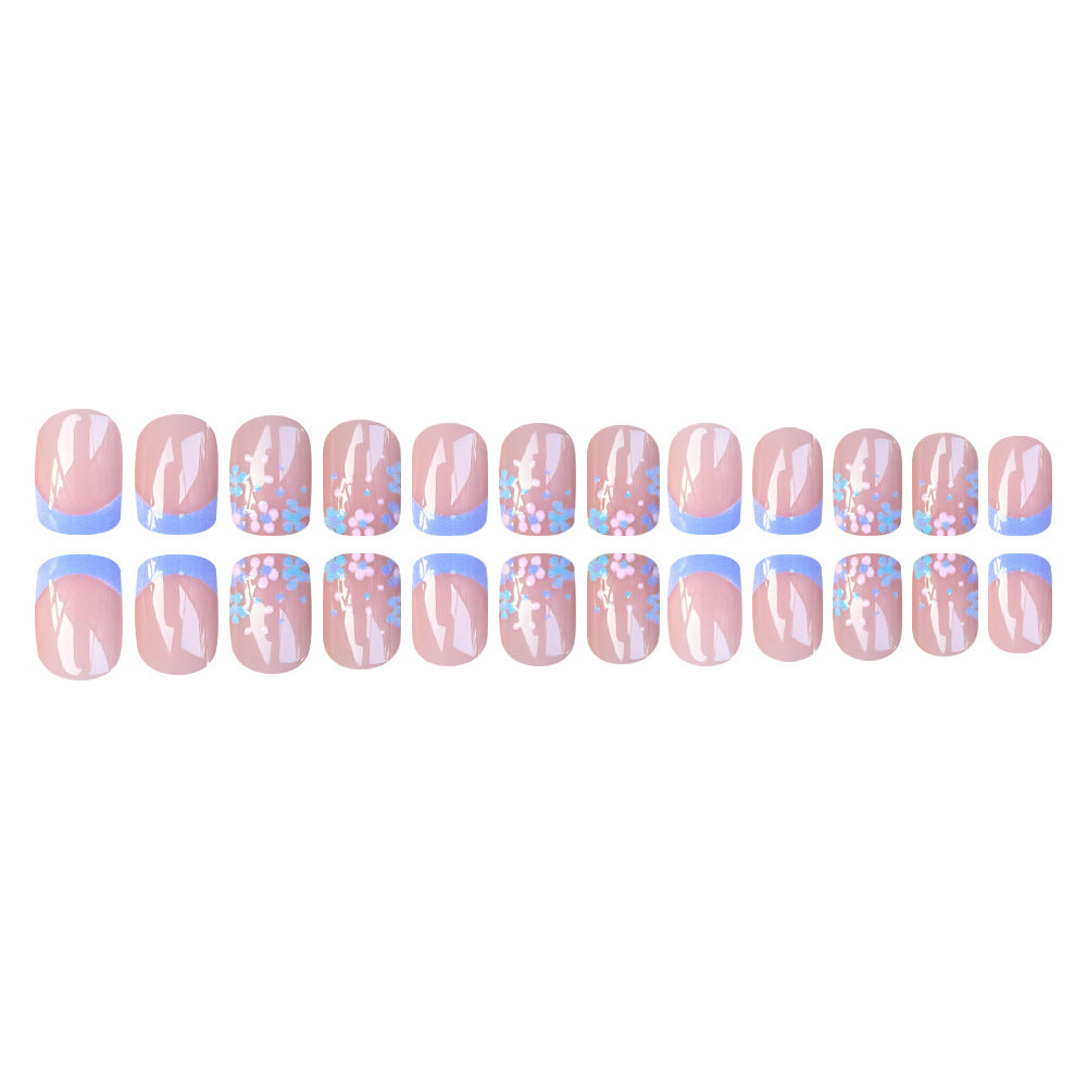 24pcs/Set Blue Floral French Tip Press On Nails