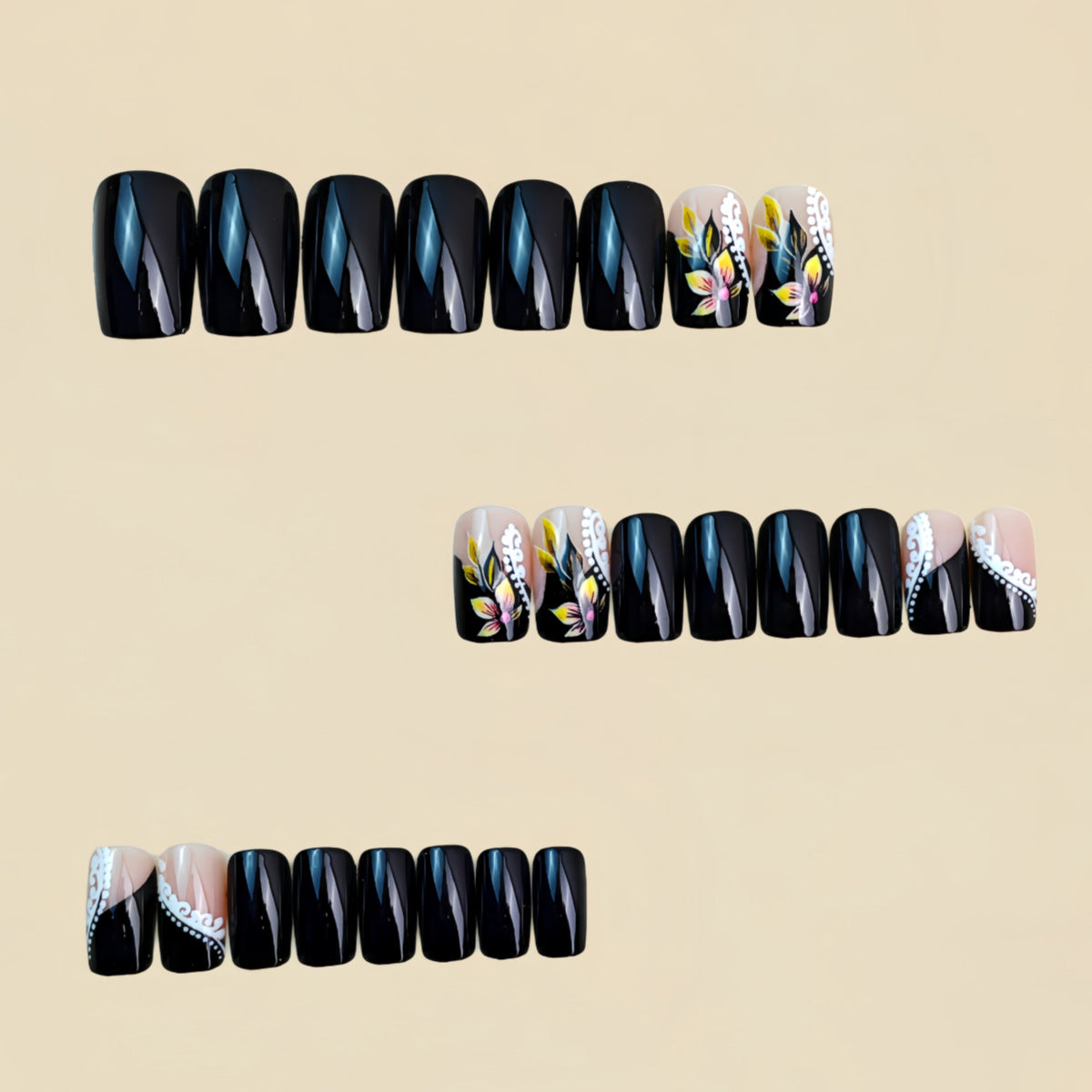 24pcs/Set Black French Floral Press-On Nails