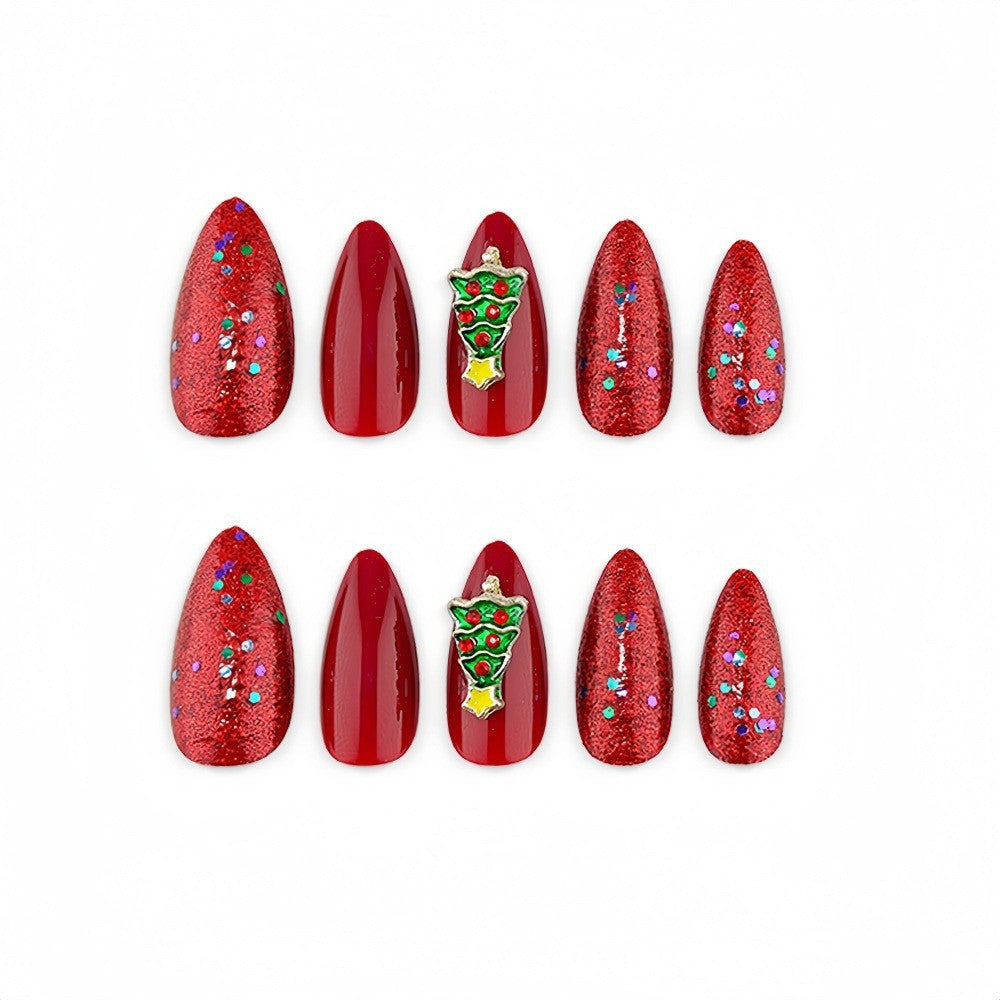 24pcs/Set Sparkling Red Christmas Tree Press On Nails