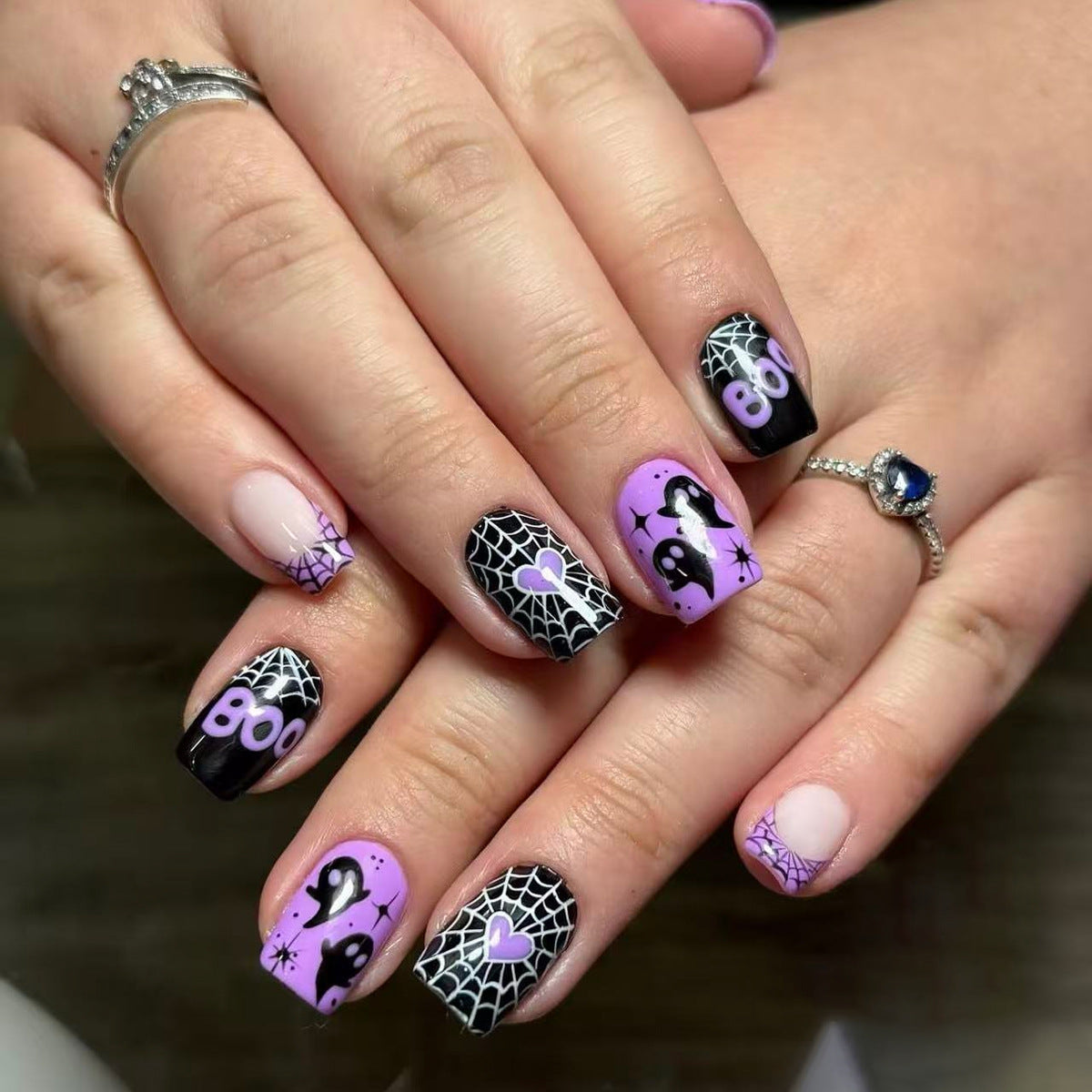 24pcs/Set Purple French Spider Web Press On Nails