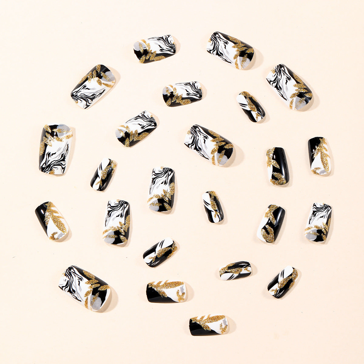 24pcs/Set Black & White Ombre with Irregular Gold Glitter Press-On Nails
