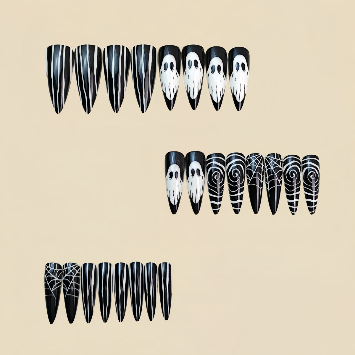 24pcs/Set Black Ghost, Stripes & Spider Web Press On Nails