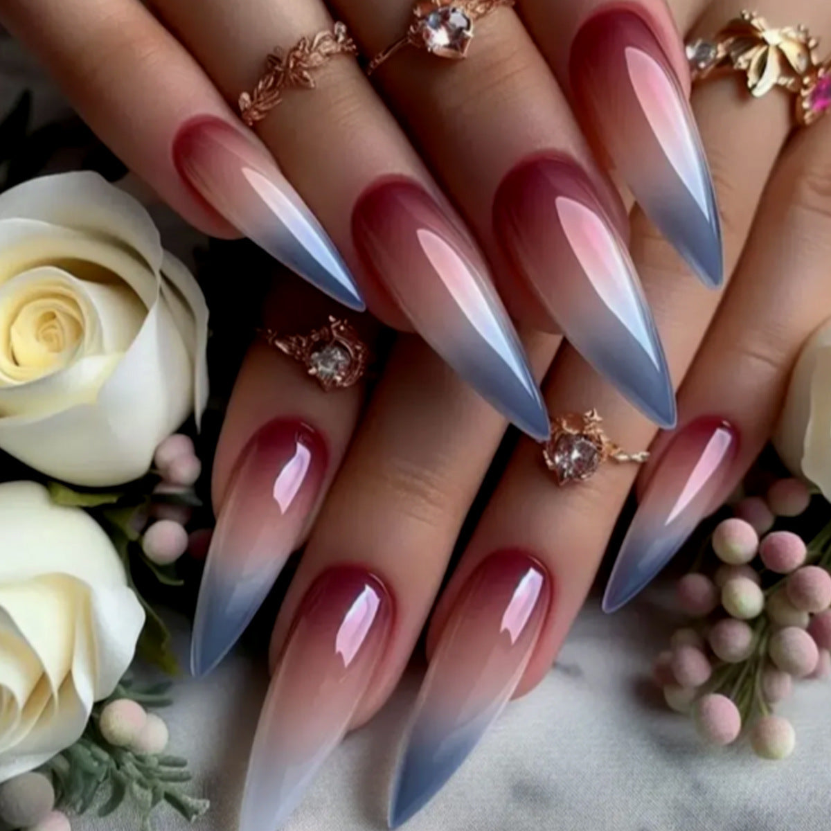 24pcs/Set Red, White & Blue Gradient Press-On Nails