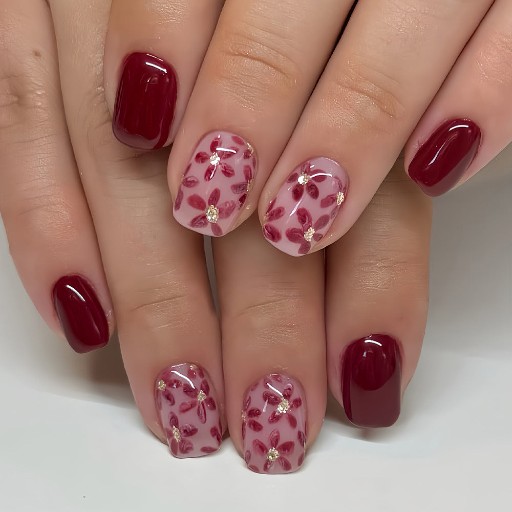 24pcs/Set Burgundy Floral Press-On Nails