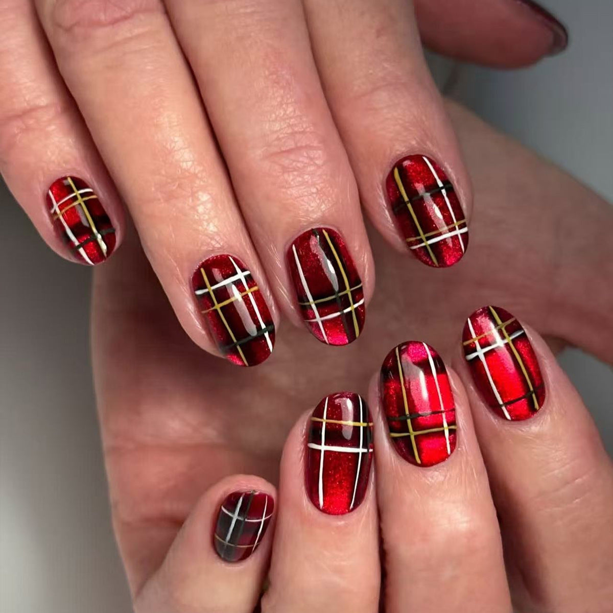 24pcs/Set Red & Gold Plaid Cat Eye Press On Nails