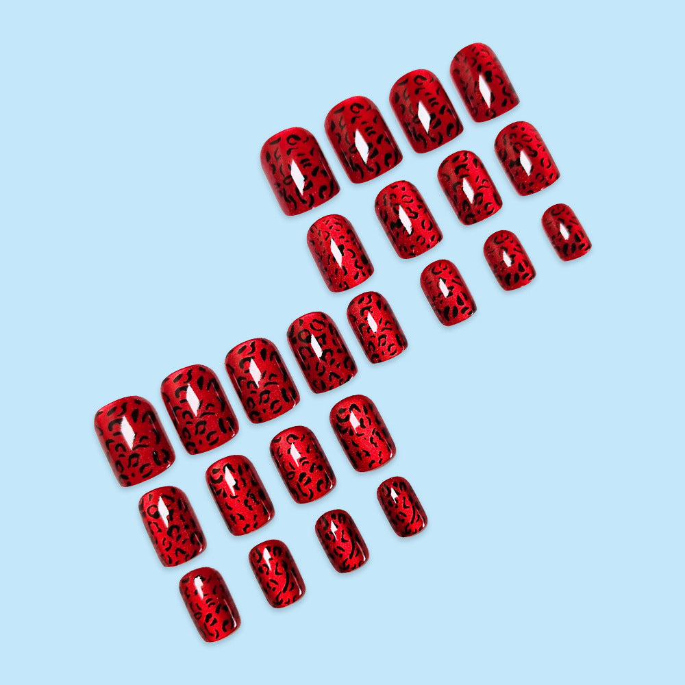 24pcs/Set Burgundy Cat Eye & Red Leopard Print Press-On Nails