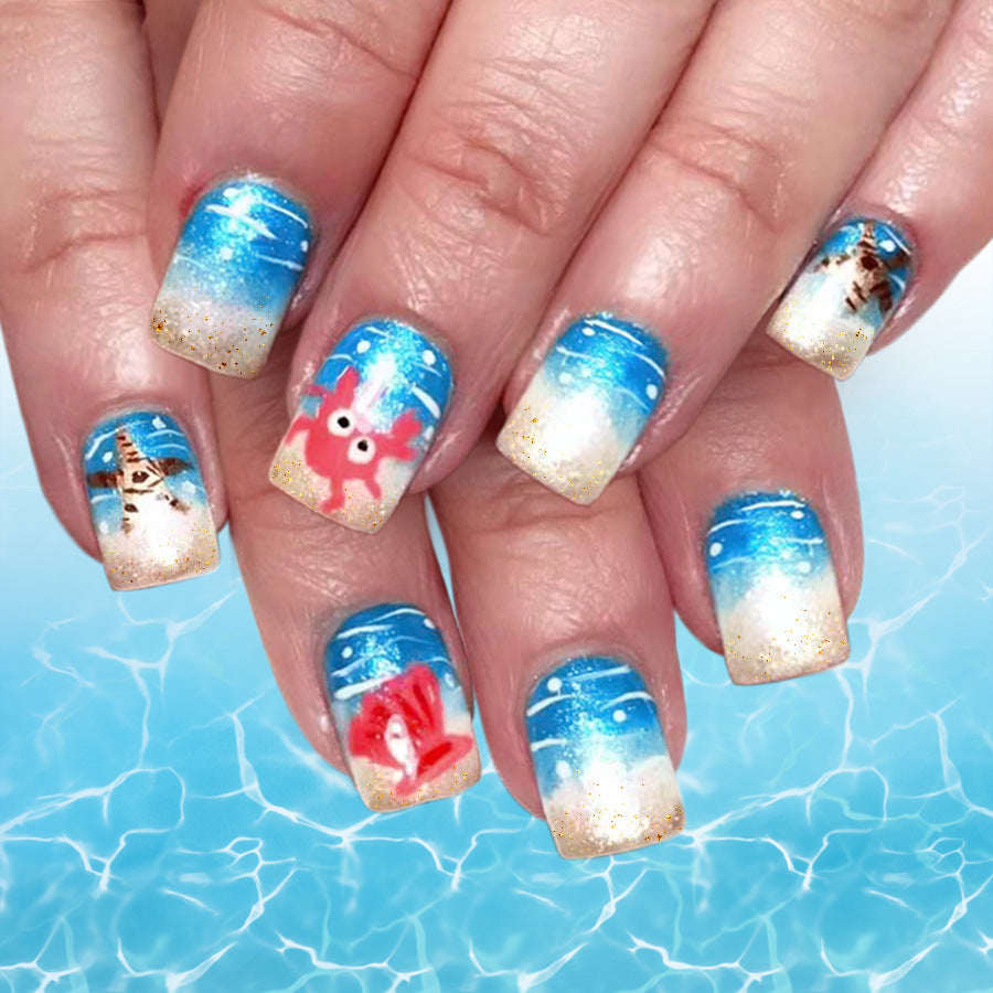 24pcs/Set Blue Ocean Waves, Starfish & Seashells Press-On Nails