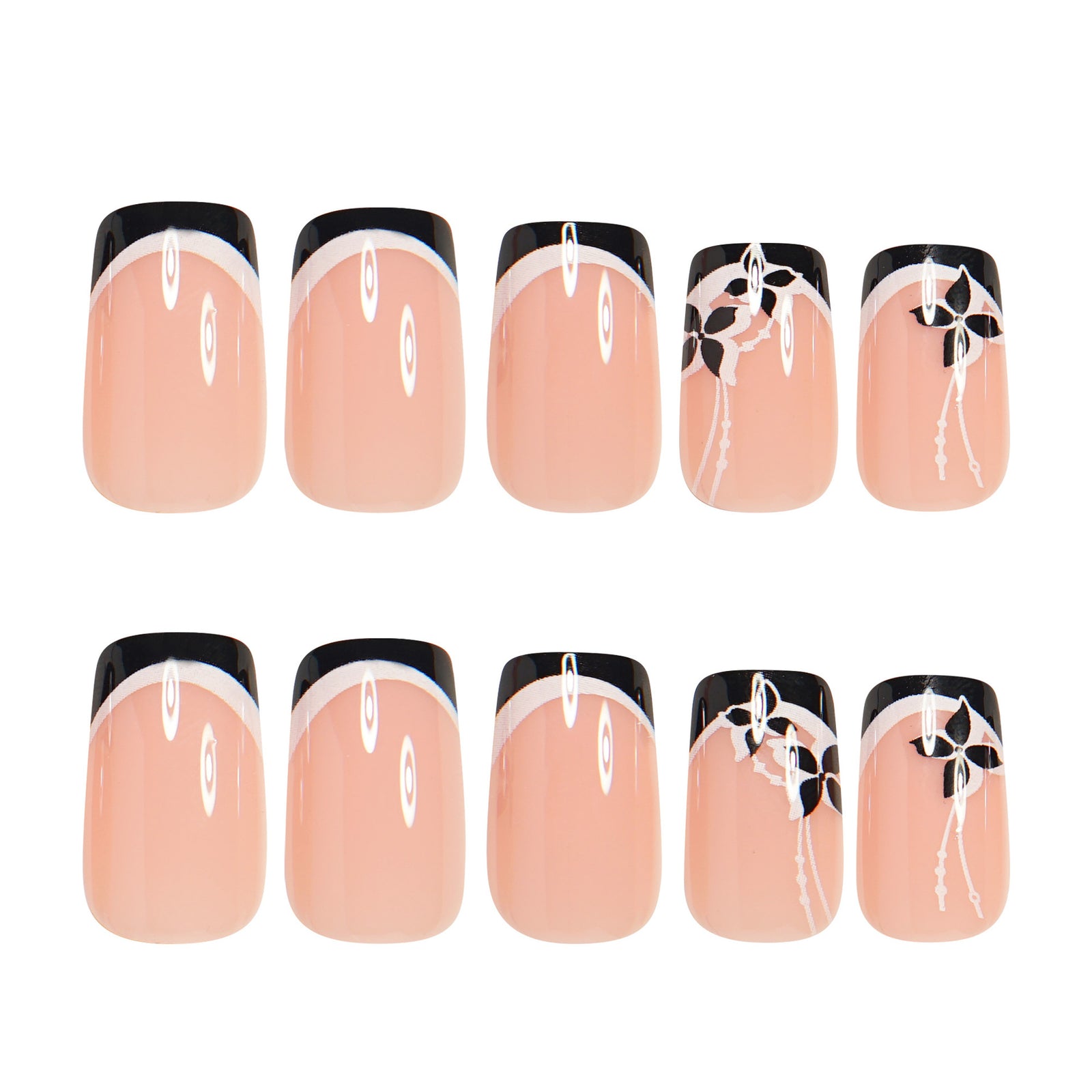 24pcs/Set Black & White French Tips with Black Floral Press-On Nails