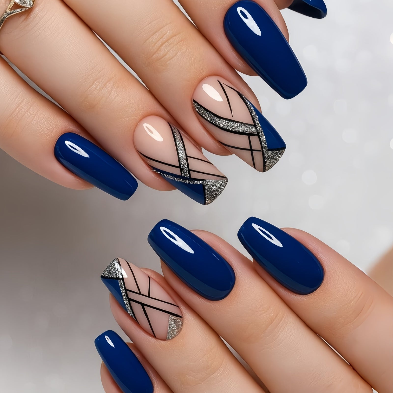 24pcs/Set Royal Blue & Nude Argyle Press-On Nails