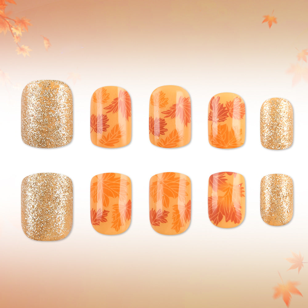24pcs/Set Gold Glitter Maple Leaves Press On Nails