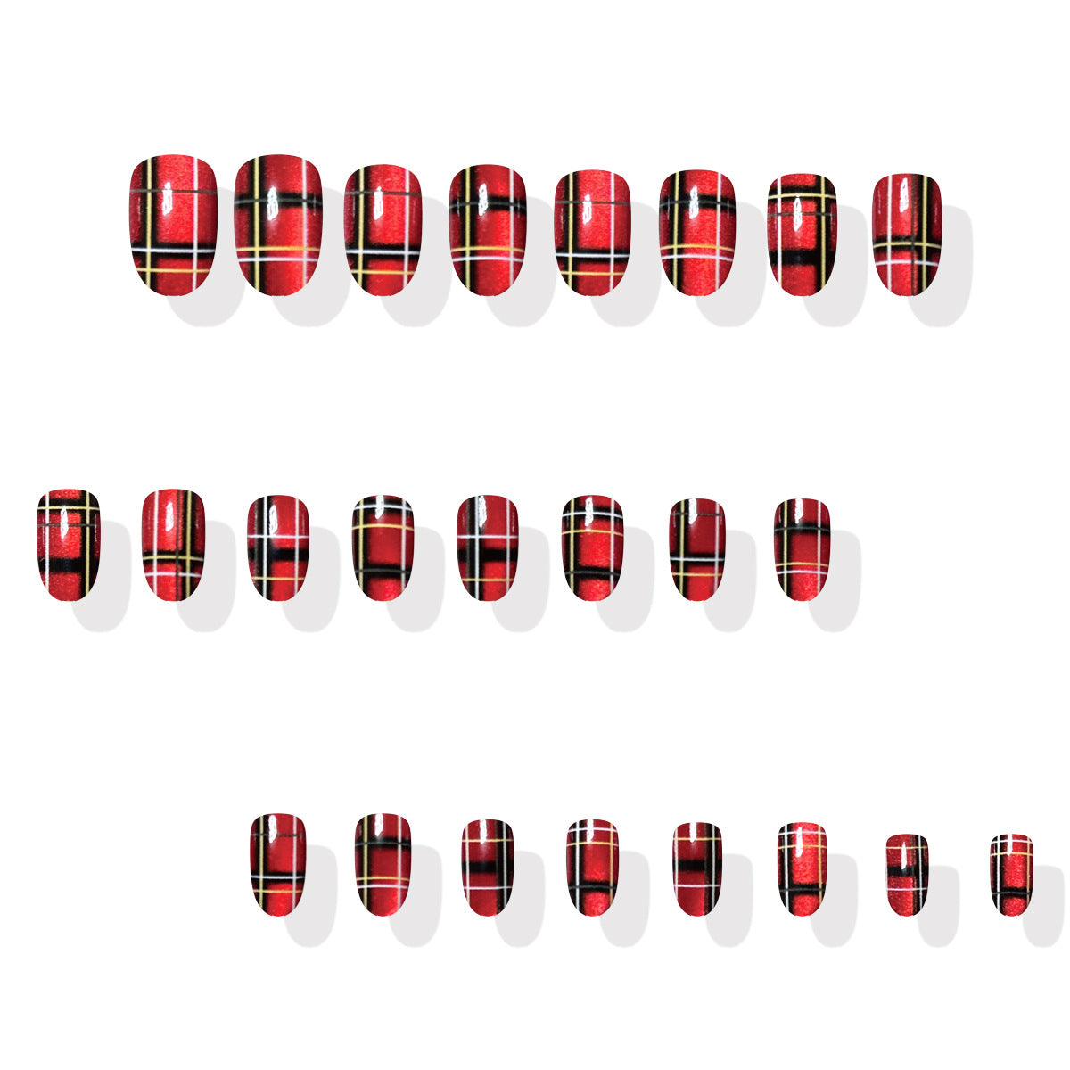 24pcs/Set Red & Gold Plaid Cat Eye Press On Nails