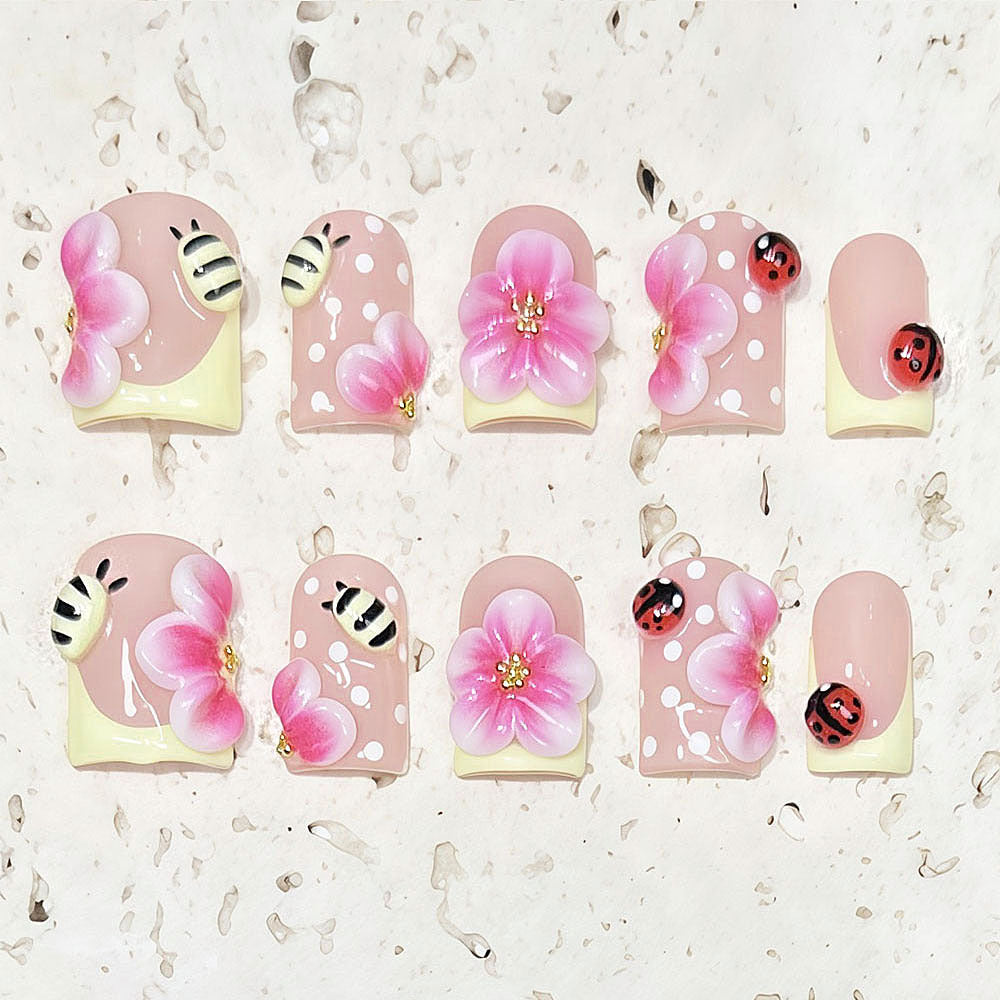 (Handmade) 10pcs/Set Yellow French 3D Pink Flower & Bumblebee Press-On Nails