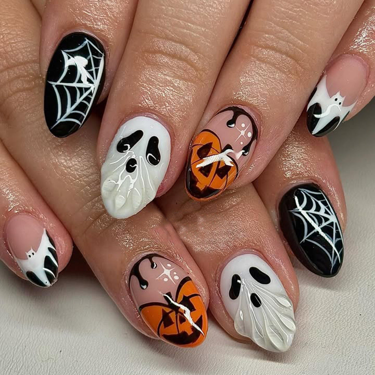 24pcs/Set 3D Ghost & Pumpkin Spiderweb Press On Nails