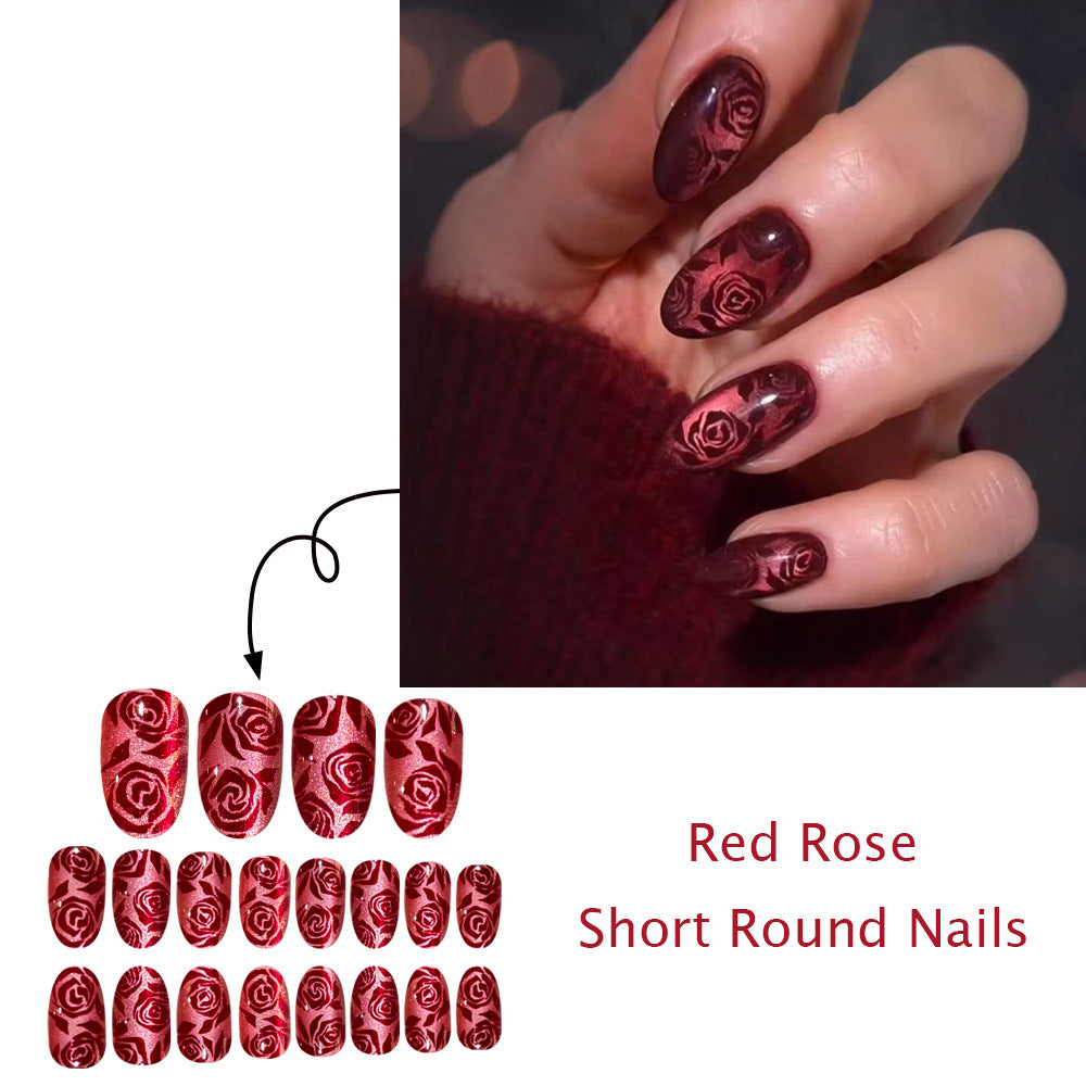 24pcs/Set Burgundy Rose Cat Eye Press On Nails