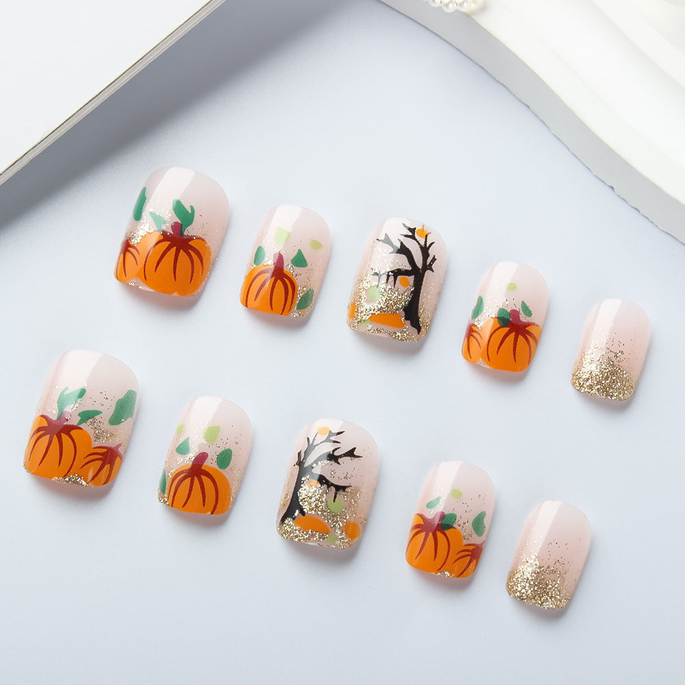 24pcs/Set Autumn Pumpkin & Leaves Press On Nails