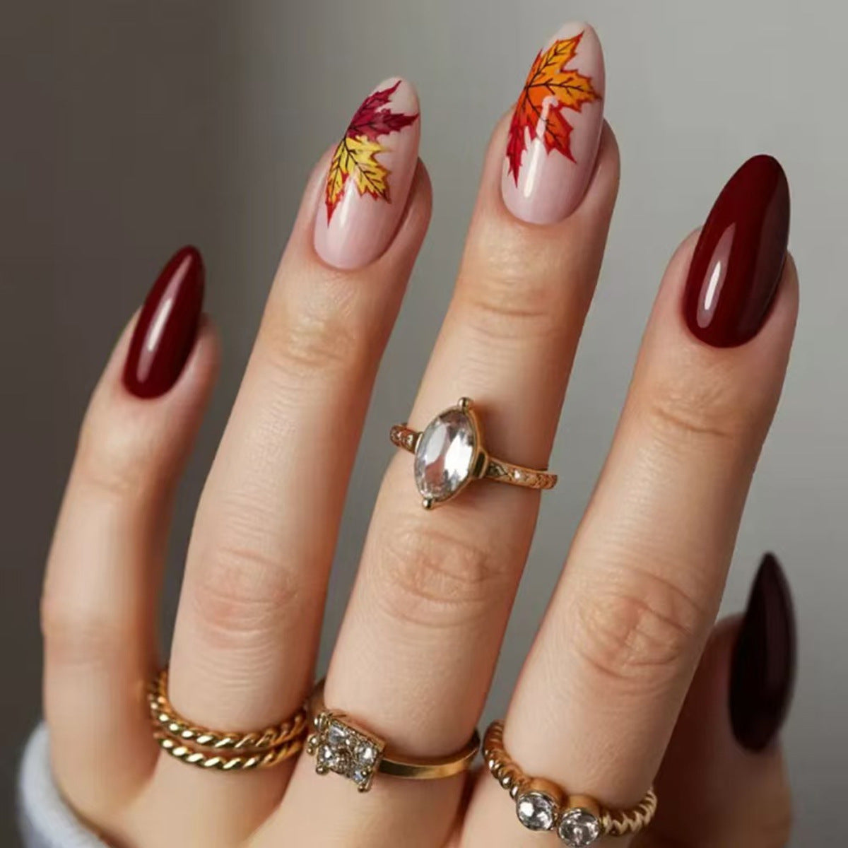 24pcs/Set Burgundy Maple Leaves Press-On Nails