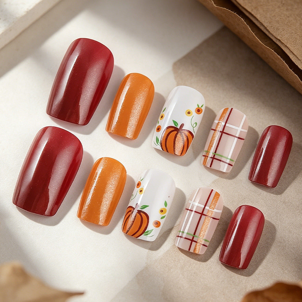 24pcs/Set Pumpkin Colorblock Glitter Plaid Press-On Nails