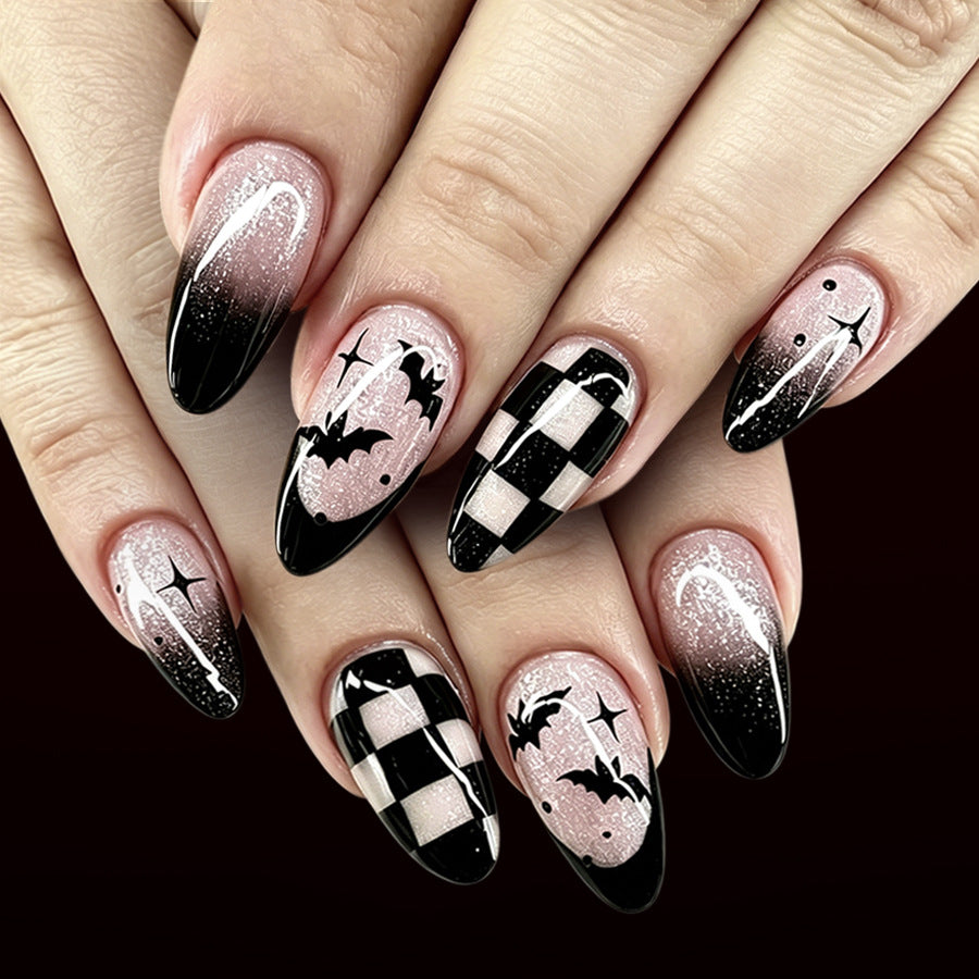 24pcs/Set Black French Tips with Plaid & Bats Press-On Nails