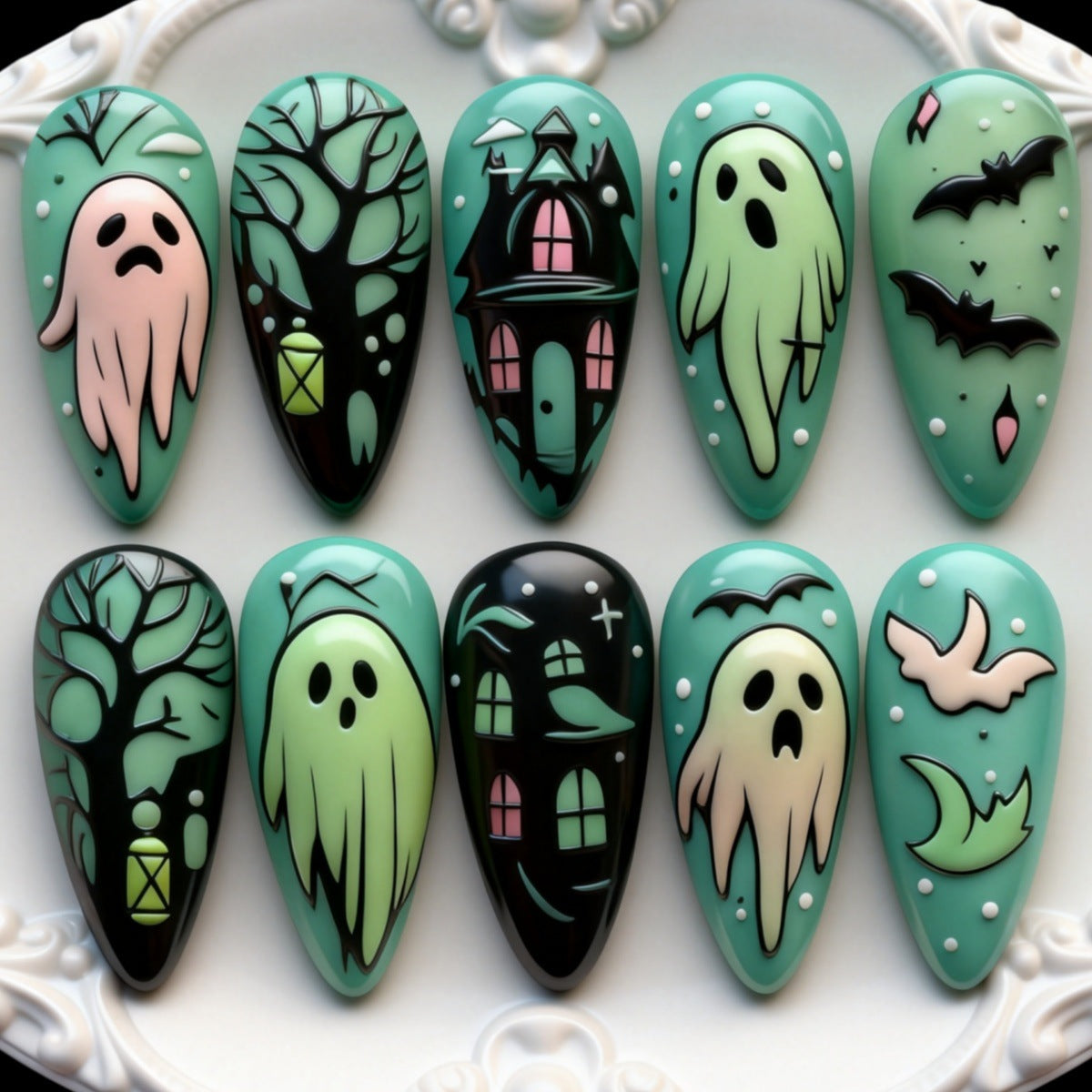 30pcs/Set Ghost, Haunted Castle, Spooky Tree & Bats Press On Nails