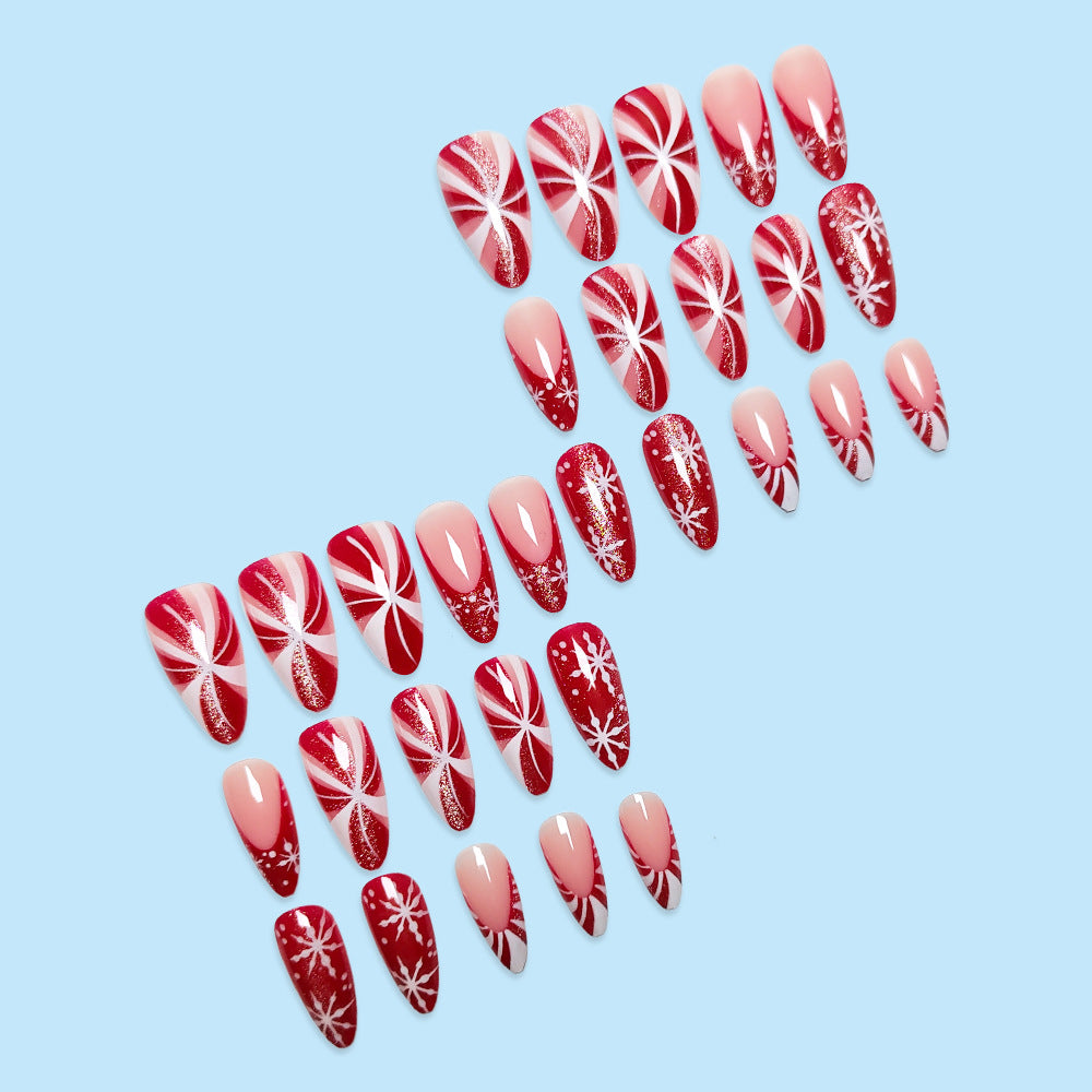 24pcs/Set Christmas Red Candy & Snowflakes Press On Nails