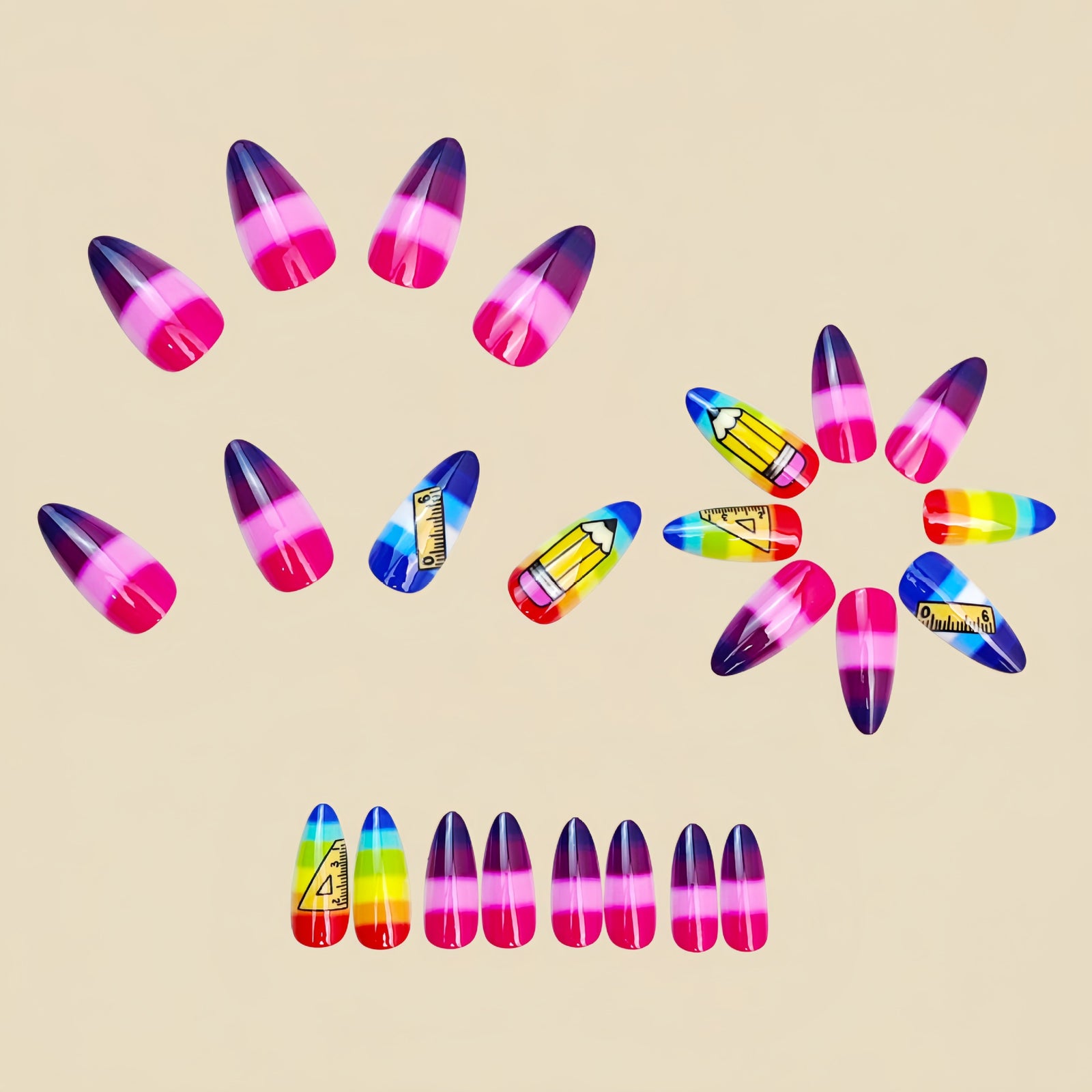 24pcs/Set Rainbow Striped Gradient Stationery Press-On Nails